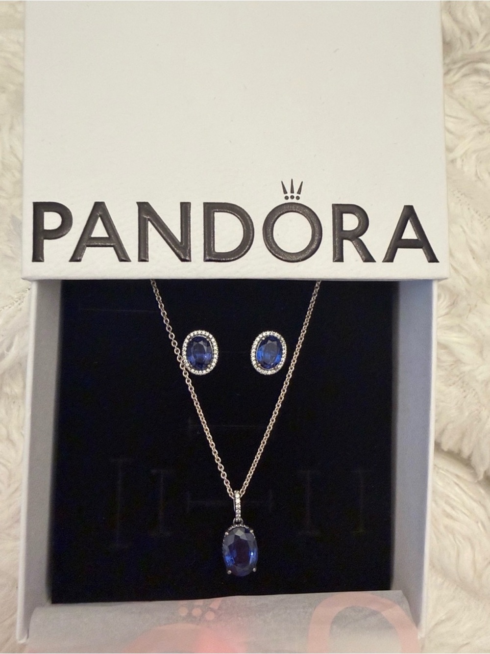 Pandora Sterling Silver Blue Pendant Necklace with Matching Blue Stud Earrings